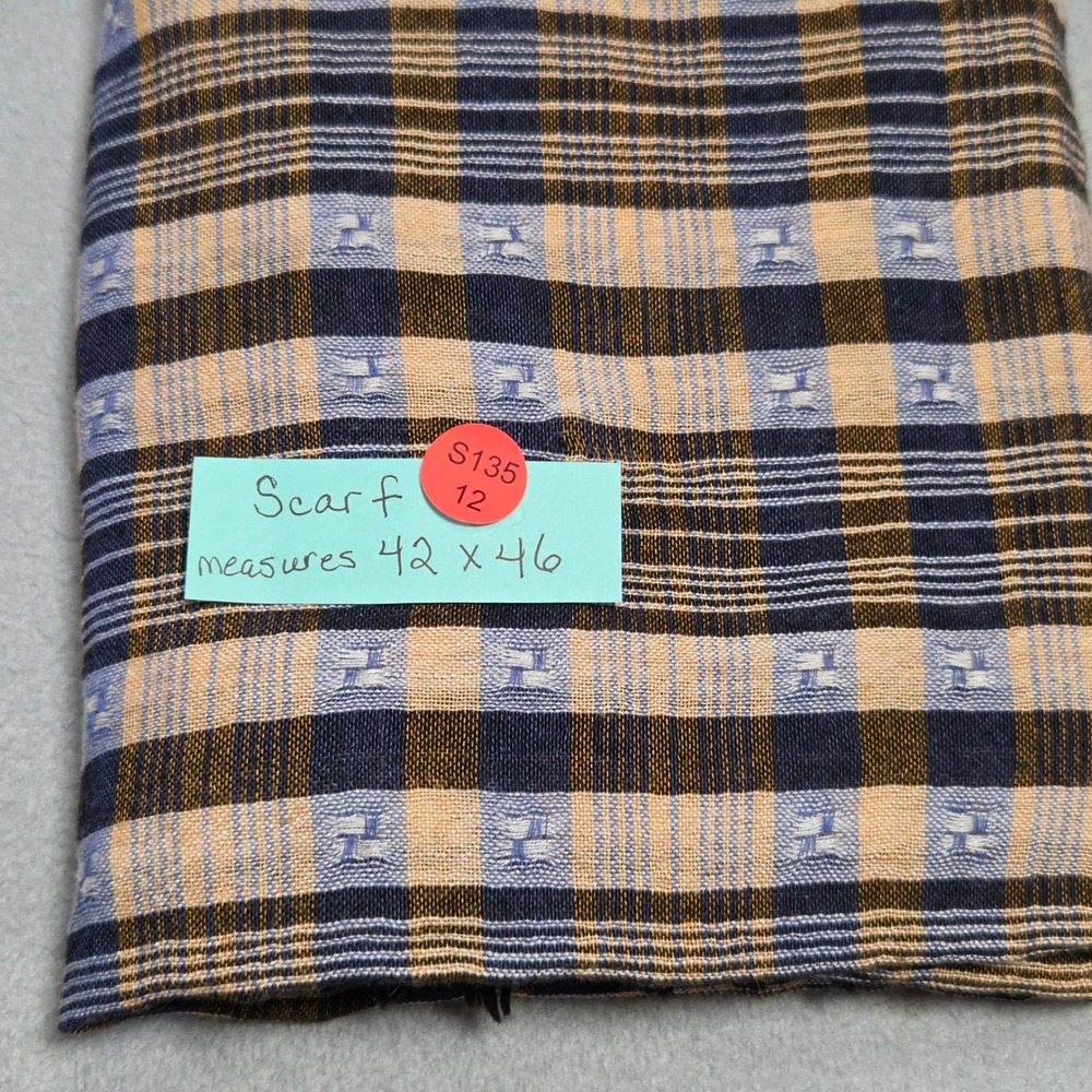 Unbranded Scarf Women OS Blue Tan Plaid Pom Pom Trim Tassel Accents Square Wrap